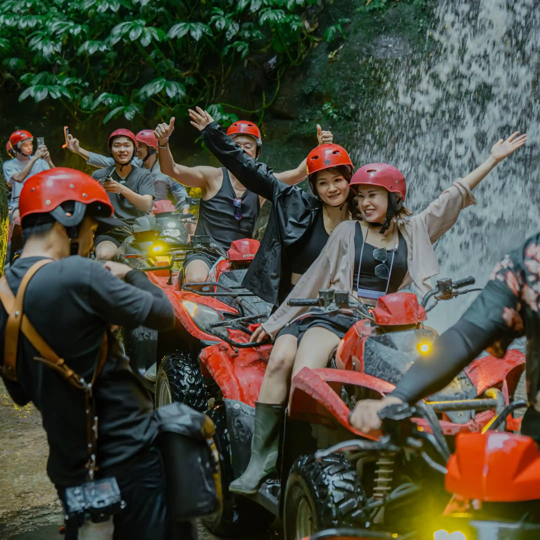 Tandem ATV with two riders in the jungle